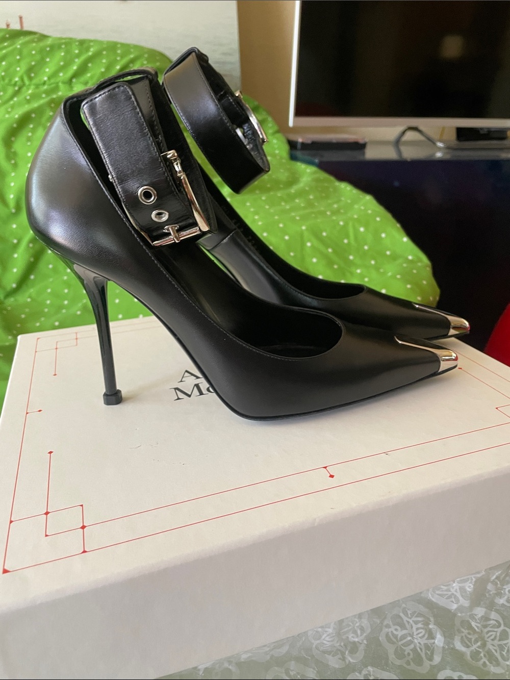 Alexander McQueen Black Pointed Ankle-Strap Stiletto Pumps with Silver Toe Cap